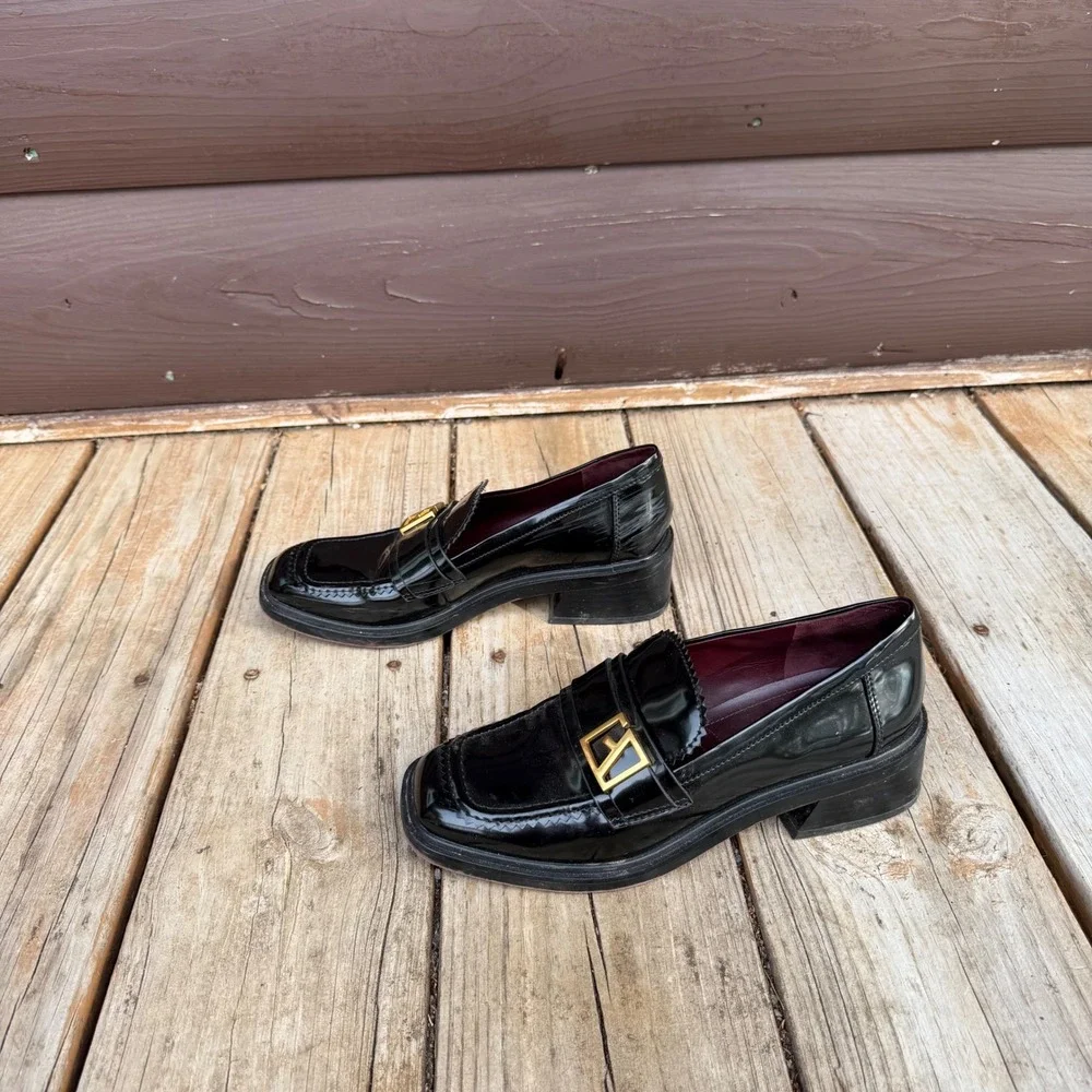 Franco Sarto Gloria Loafers  7M Black Patent Square Toe Block Heel Gold Buckle